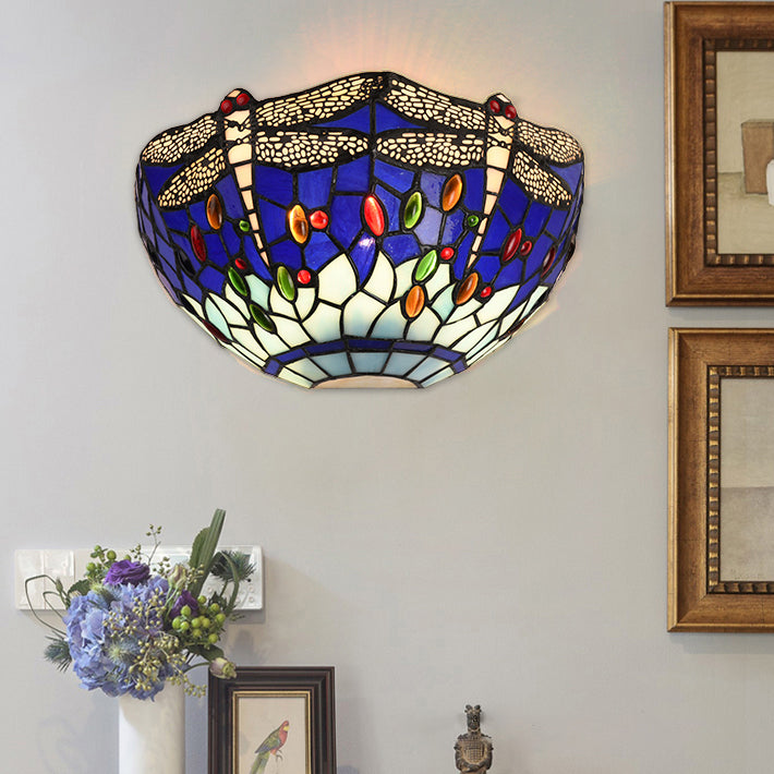 Half-Bowl Wall Light with Dragonfly and Jewel Tiffany Stained Glass Wall Sconce in Red/Blue for Cafe