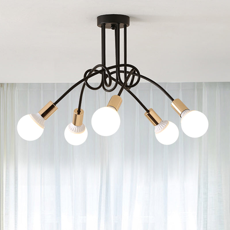 Iluminación de montaje semiempotrado trenzado negro/dorado con bombilla abierta, lámpara de techo de cocina de metal industrial de 3/5/6 luces