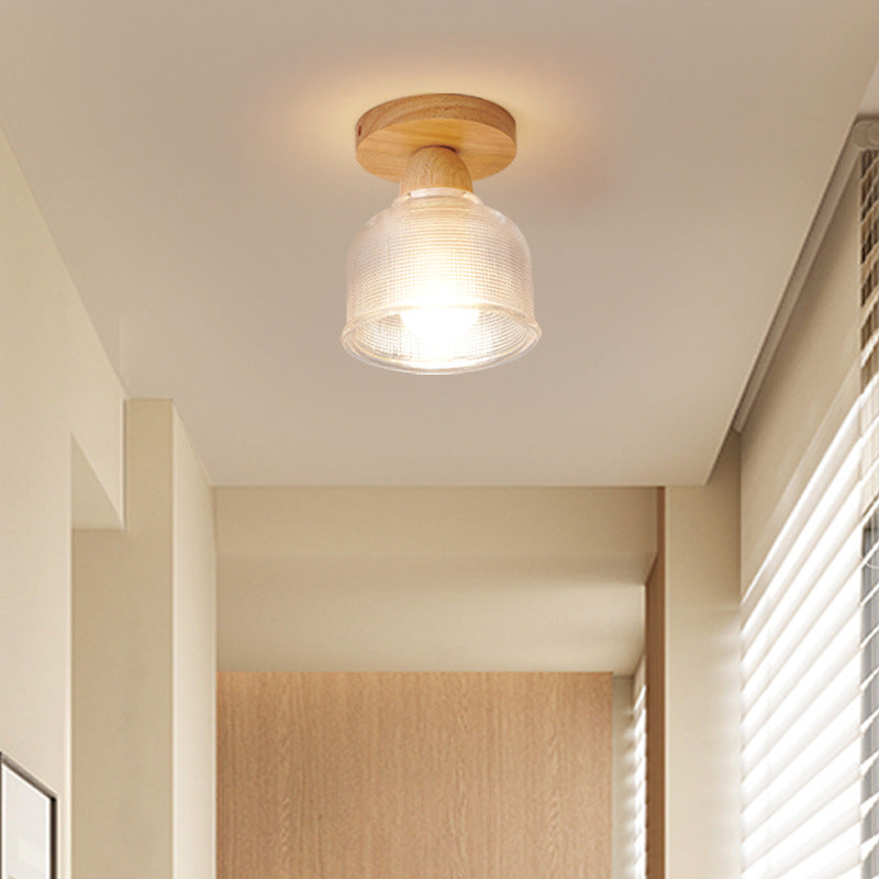 Simple 1-Light Ceiling Light Wooden Ceiling Mount Light with Glass Shade for Living Room