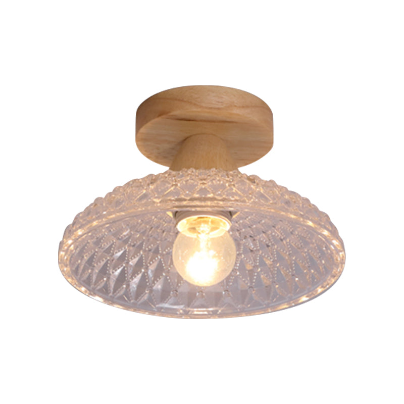 Simple 1-Light Ceiling Light Wooden Ceiling Mount Light with Glass Shade for Living Room