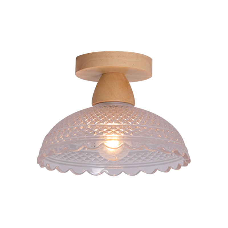 Simple 1-Light Ceiling Light Wooden Ceiling Mount Light with Glass Shade for Living Room
