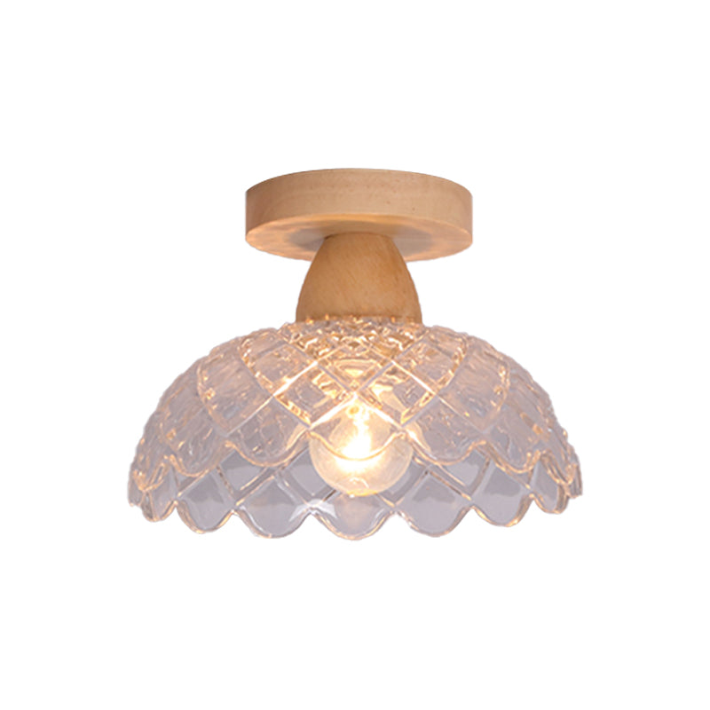 Simple 1-Light Ceiling Light Wooden Ceiling Mount Light with Glass Shade for Living Room