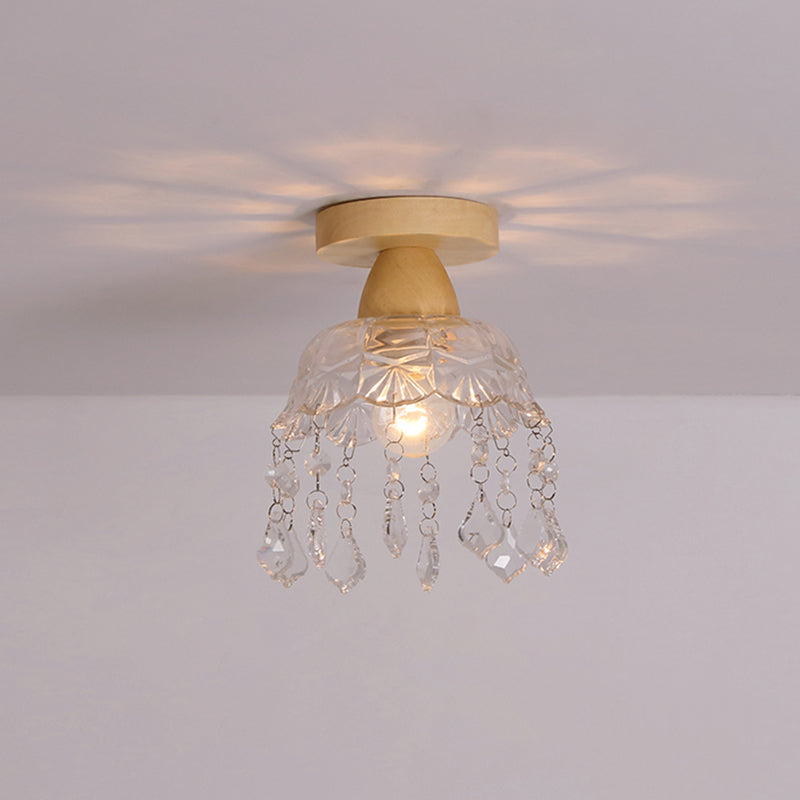 Simple 1-Light Ceiling Light Wooden Ceiling Mount Light with Glass Shade for Living Room