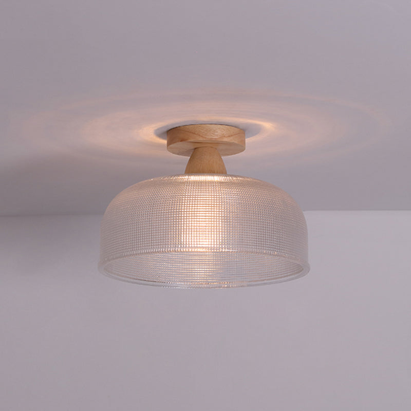 Simple 1-Light Ceiling Light Wooden Ceiling Mount Light with Glass Shade for Living Room
