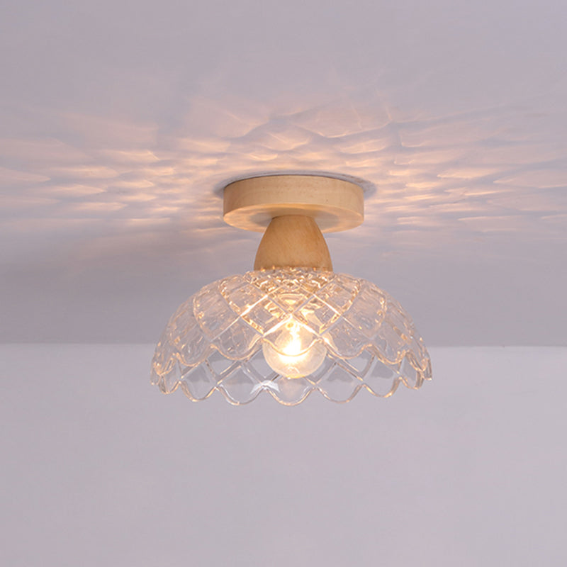 Simple 1-Light Ceiling Light Wooden Ceiling Mount Light with Glass Shade for Living Room