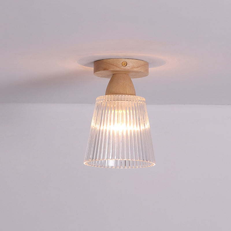 Simple 1-Light Ceiling Light Wooden Ceiling Mount Light with Glass Shade for Living Room