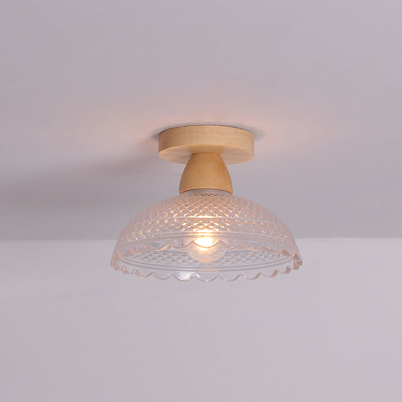 Simple 1-Light Ceiling Light Wooden Ceiling Mount Light with Glass Shade for Living Room