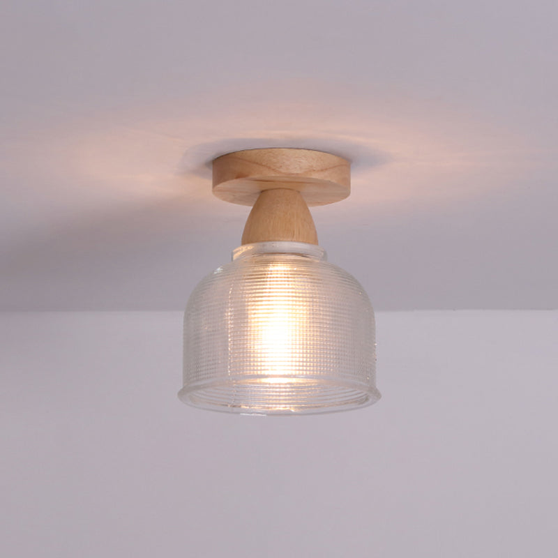 Simple 1-Light Ceiling Light Wooden Ceiling Mount Light with Glass Shade for Living Room