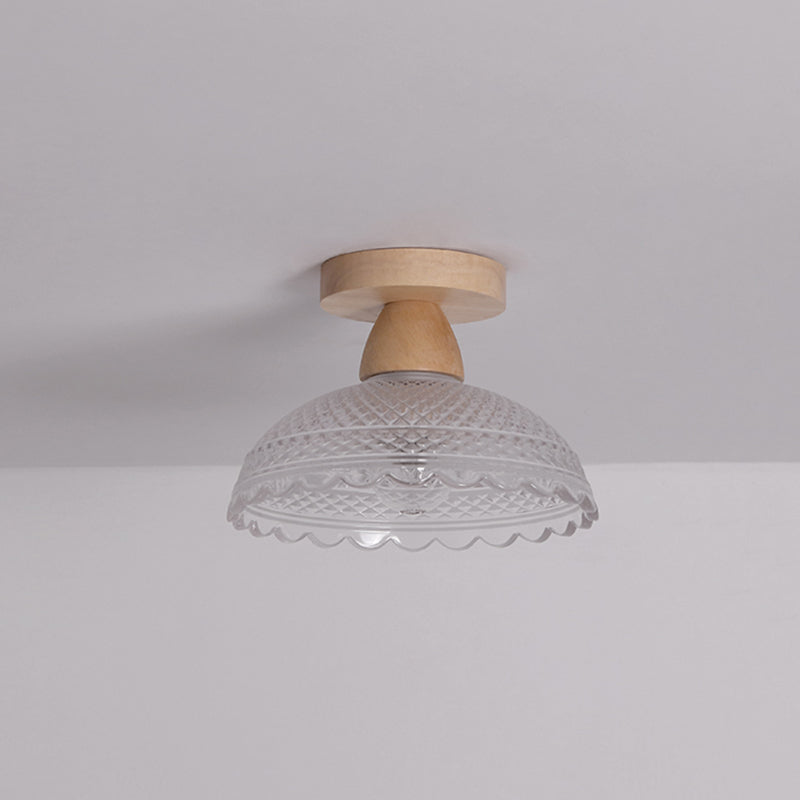 Simple 1-Light Ceiling Light Wooden Ceiling Mount Light with Glass Shade for Living Room