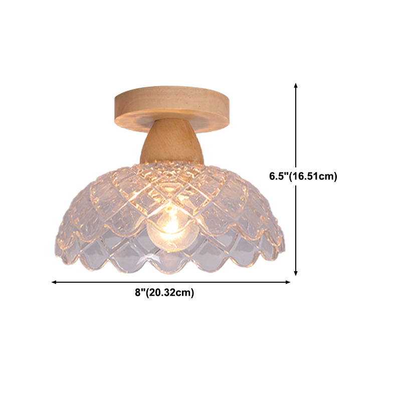 Simple 1-Light Ceiling Light Wooden Ceiling Mount Light with Glass Shade for Living Room