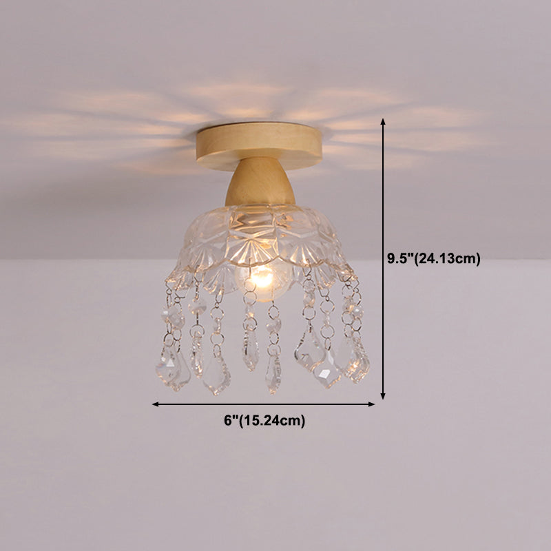 Simple 1-Light Ceiling Light Wooden Ceiling Mount Light with Glass Shade for Living Room