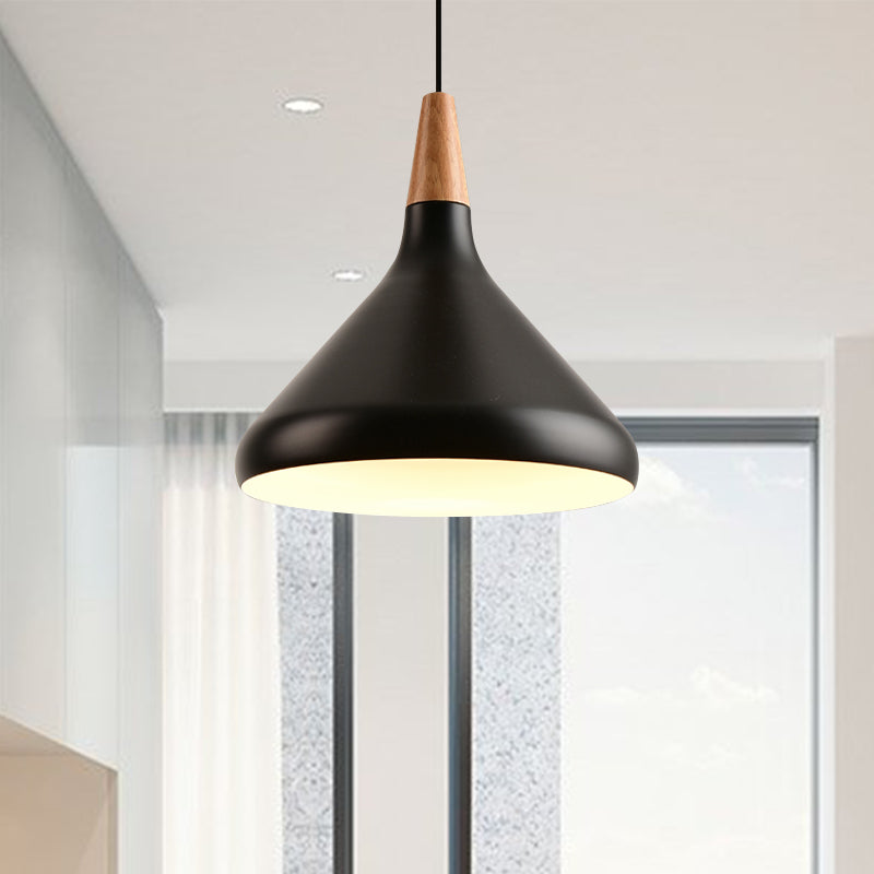 7"/11"/15" W Cone Dining Table Pendant Lighting Simple Style Metallic 1 Head Hanging Lamp with Adjustable Cord in Black/Grey/White