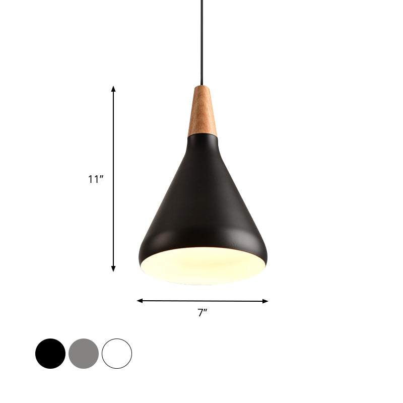 7"/11"/15" W Cone Dining Table Pendant Lighting Simple Style Metallic 1 Head Hanging Lamp with Adjustable Cord in Black/Grey/White