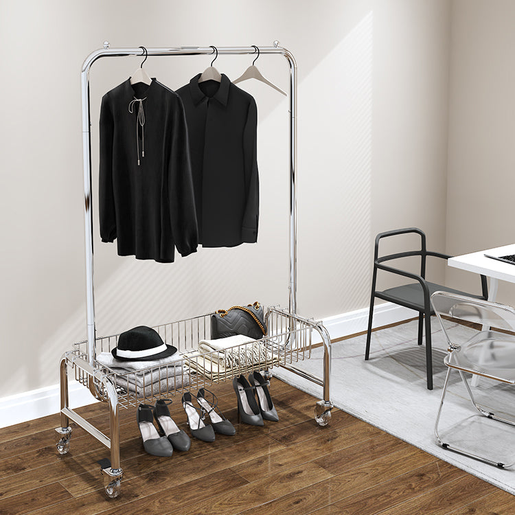 Industrial Coat Hanger Silver Metal Storage Coat Rack with Castors