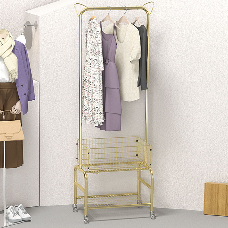 Contemporary Metal Coat Hanger Storage Basket Lower Shelf and Castor Entry Hall Tree