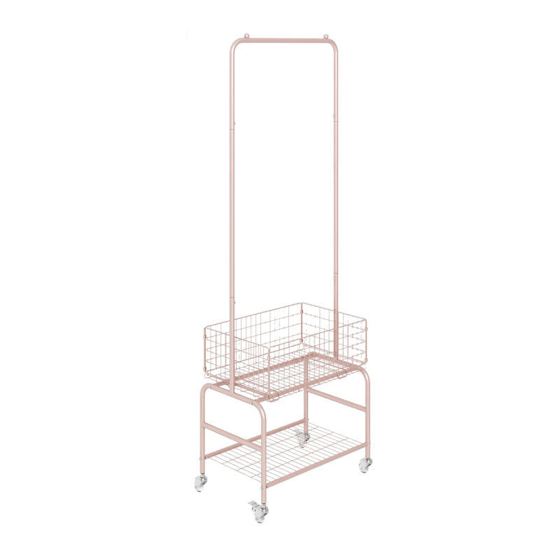 Contemporary Metal Coat Hanger Storage Basket Lower Shelf and Castor Entry Hall Tree