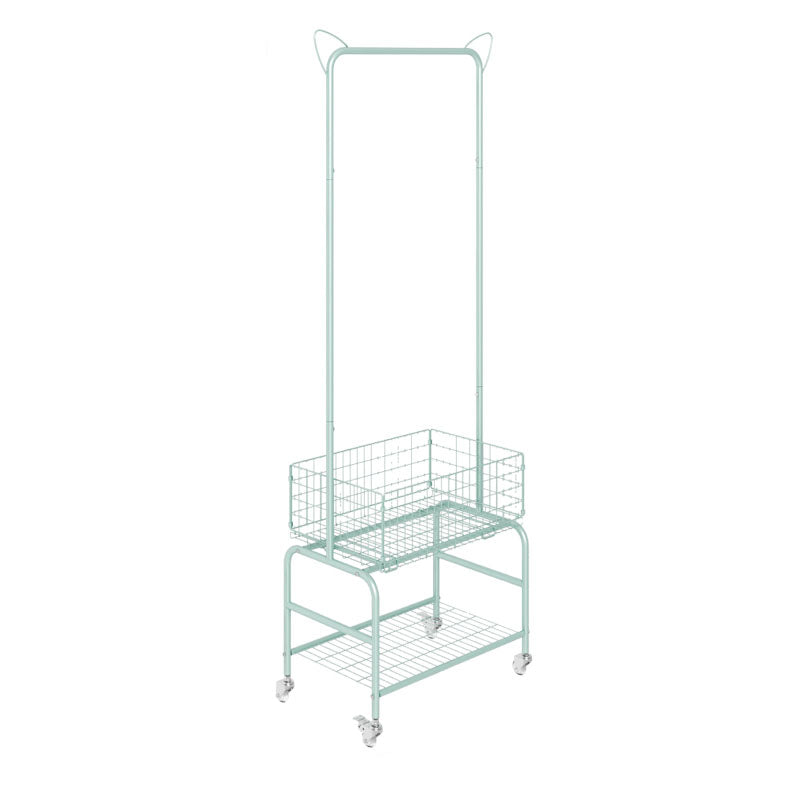 Contemporary Metal Coat Hanger Storage Basket Lower Shelf and Castor Entry Hall Tree