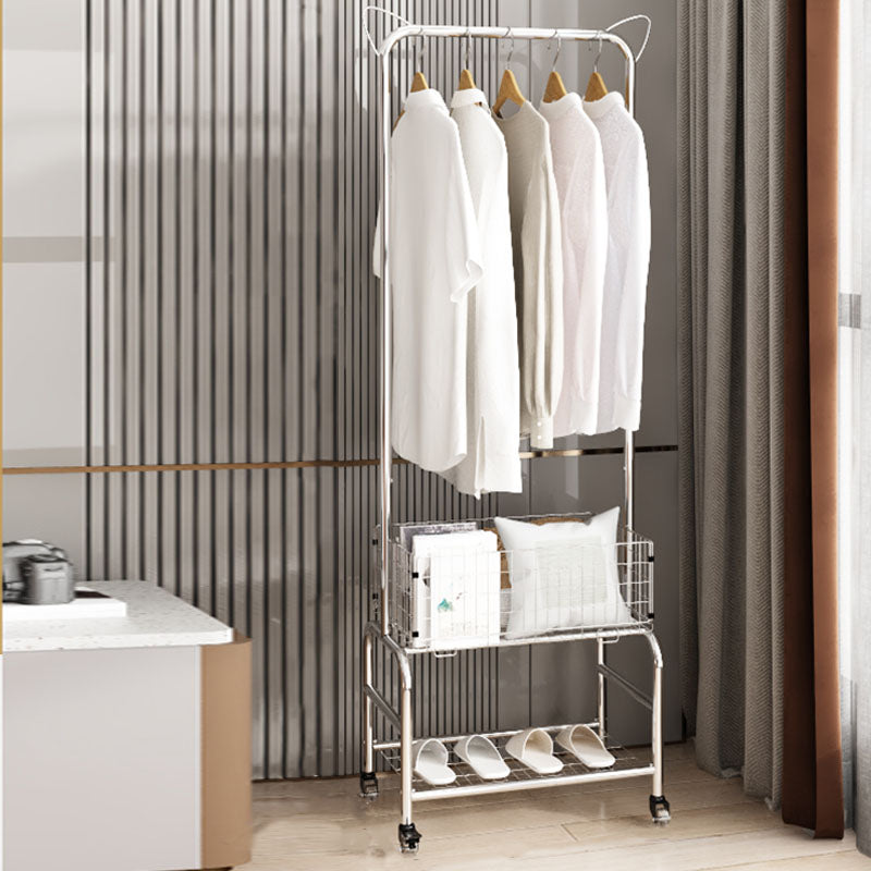 Contemporary Metal Coat Hanger Storage Basket Lower Shelf and Castor Entry Hall Tree