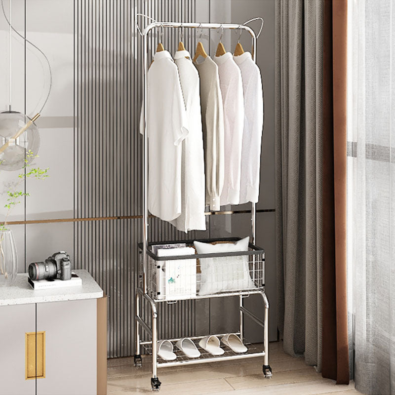 Contemporary Metal Coat Hanger Storage Basket Lower Shelf and Castor Entry Hall Tree