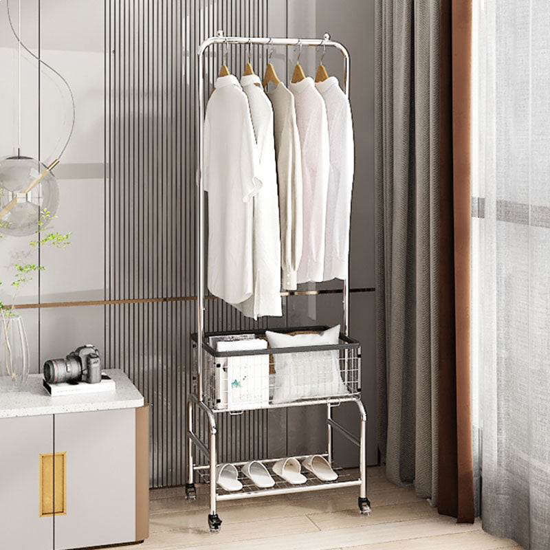 Contemporary Metal Coat Hanger Storage Basket Lower Shelf and Castor Entry Hall Tree