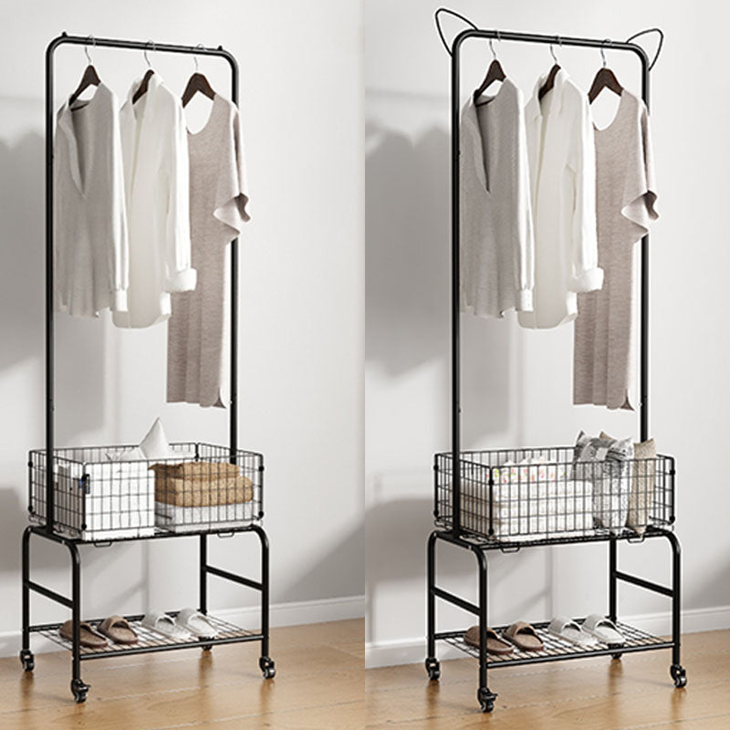 Contemporary Metal Coat Hanger Storage Basket Lower Shelf and Castor Entry Hall Tree