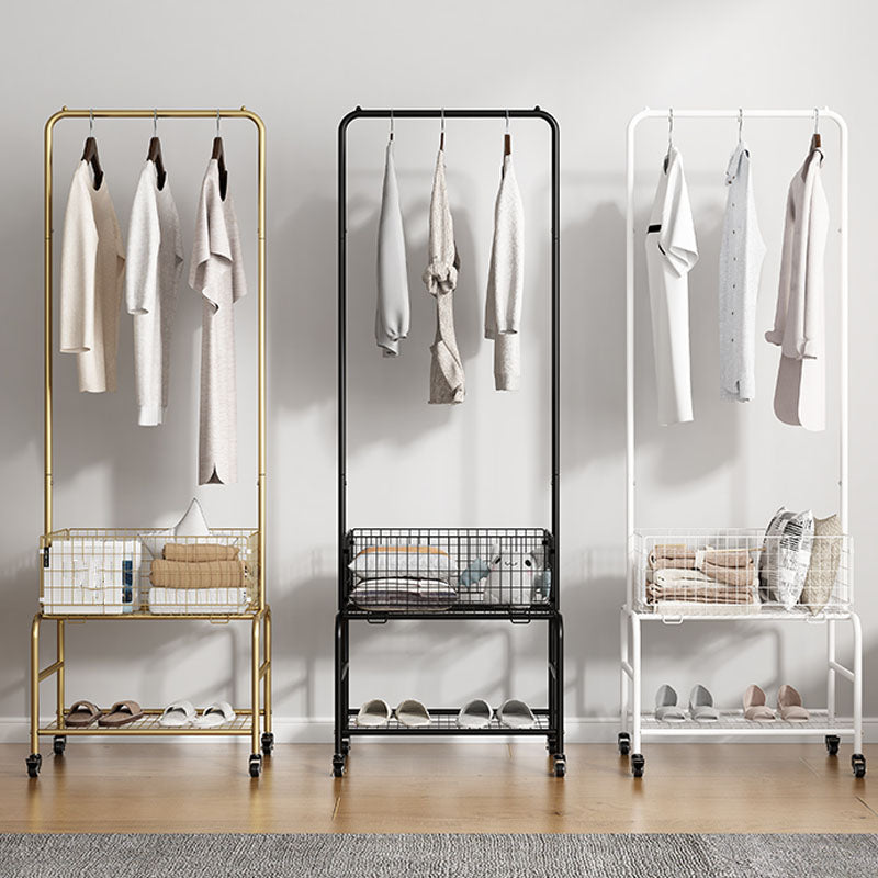 Contemporary Metal Coat Hanger Storage Basket Lower Shelf and Castor Entry Hall Tree