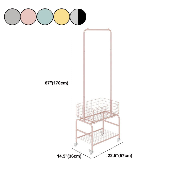 Contemporary Metal Coat Hanger Storage Basket Lower Shelf and Castor Entry Hall Tree