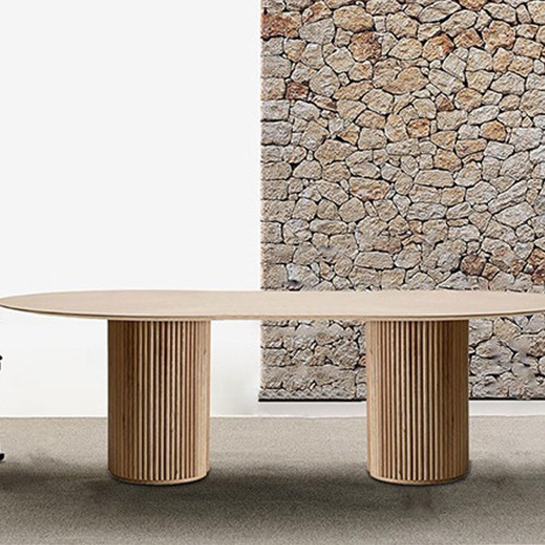 Pine Wood Top Dining Table Modern Oval Dining Table with Sled Base
