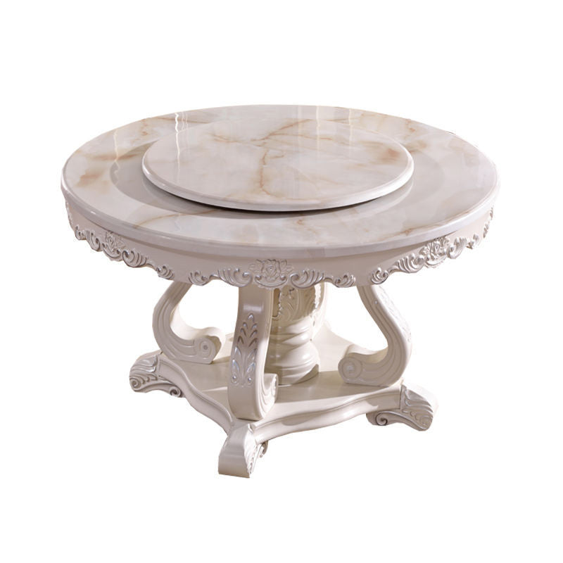 White Stone Top Dining Table Round Table with Wood Pedestal Base
