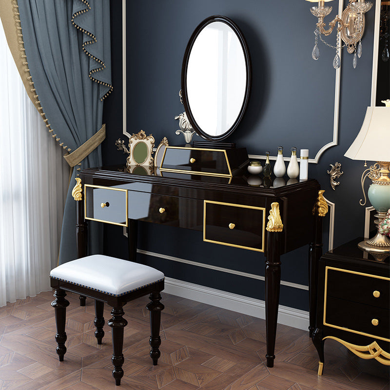 Black/White Vanity Wood Mirrored Makeup Dressing Table Stool Set