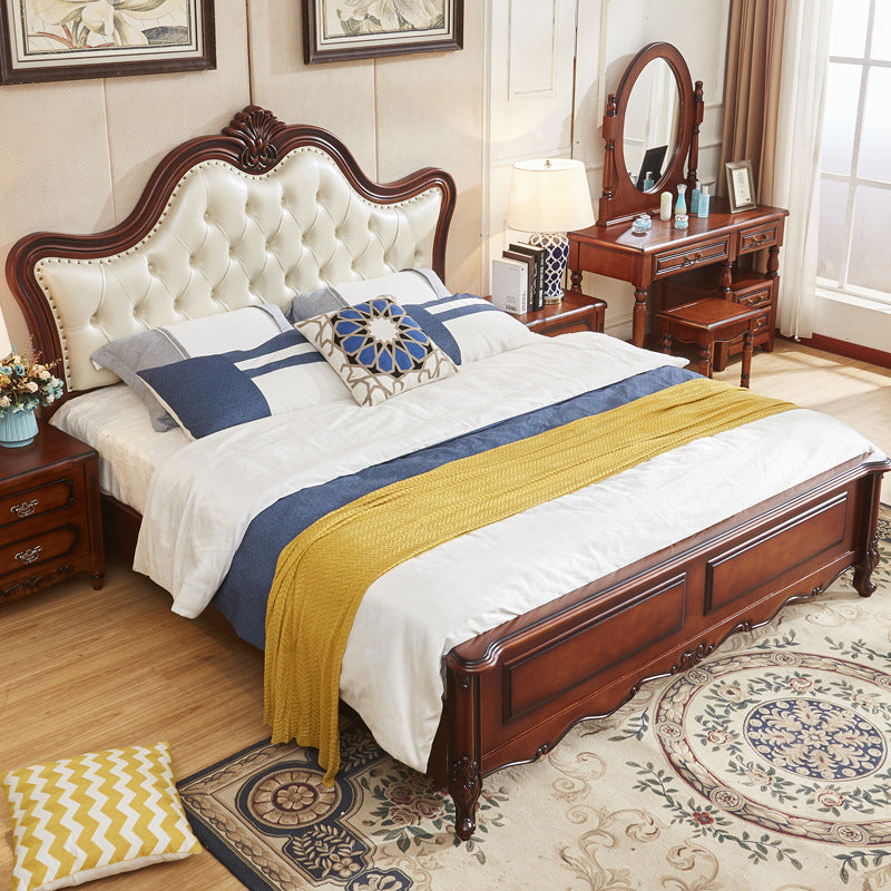 84.65 inch Wide Victorian Bed Rubberwood Bed Frame with Upholstered Headboard