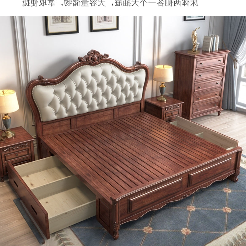 84.65 inch Wide Victorian Bed Rubberwood Bed Frame with Upholstered Headboard