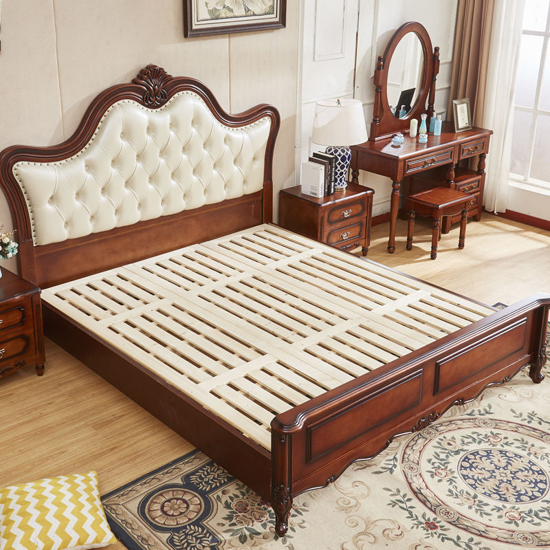 84.65 inch Wide Victorian Bed Rubberwood Bed Frame with Upholstered Headboard