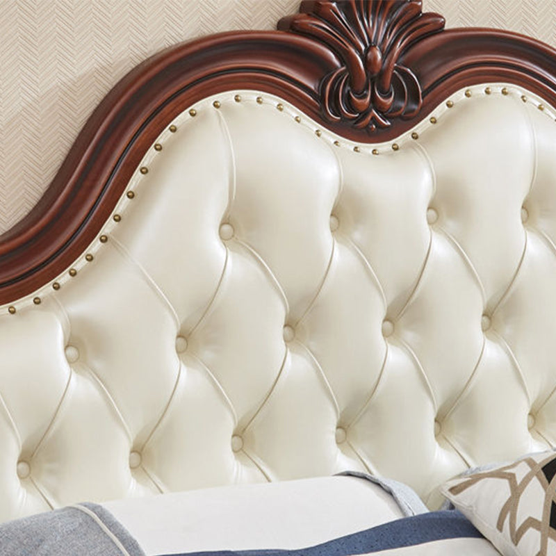 84.65 inch Wide Victorian Bed Rubberwood Bed Frame with Upholstered Headboard