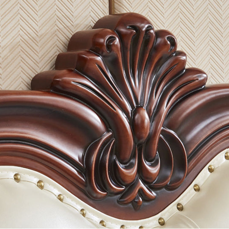 84.65 inch Wide Victorian Bed Rubberwood Bed Frame with Upholstered Headboard