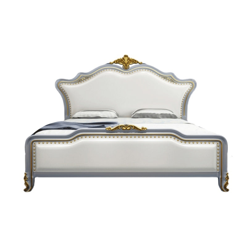 84.65 inch Wide Victorian Bed Pine Wood Bed Frame with Upholstered Headboard