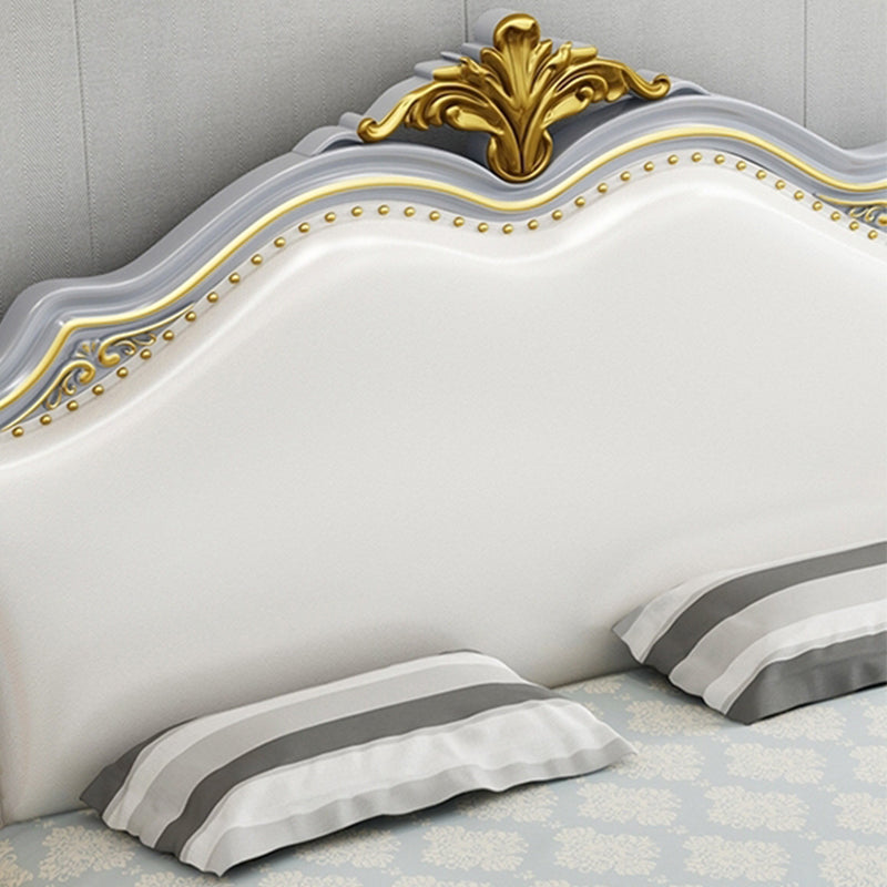 84.65 inch Wide Victorian Bed Pine Wood Bed Frame with Upholstered Headboard