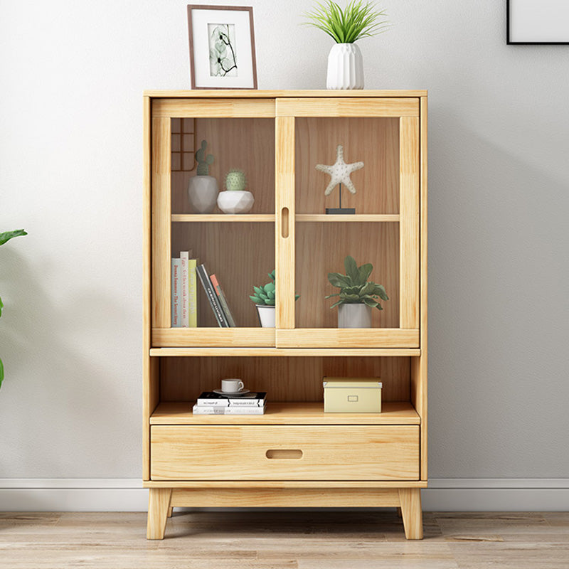 Contemporary Cabinet Natural Finish Side Cabinet with Glass Paned