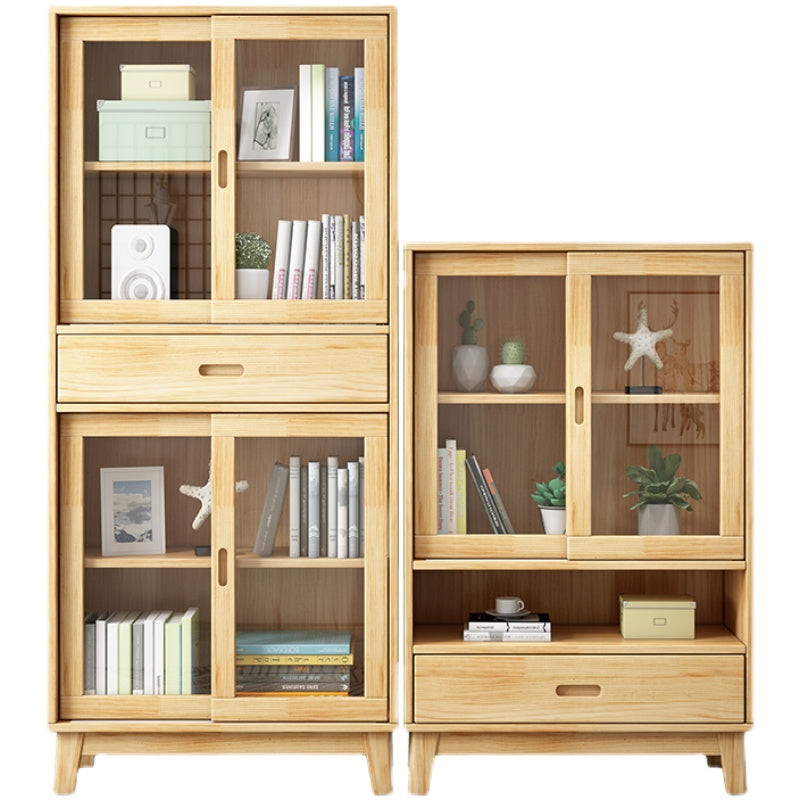 Contemporary Cabinet Natural Finish Side Cabinet with Glass Paned