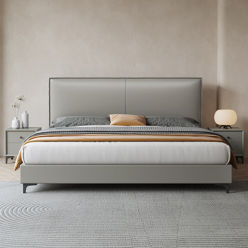 Grey Wooden Standard Bed with Rectangular Leather Panel Headboard