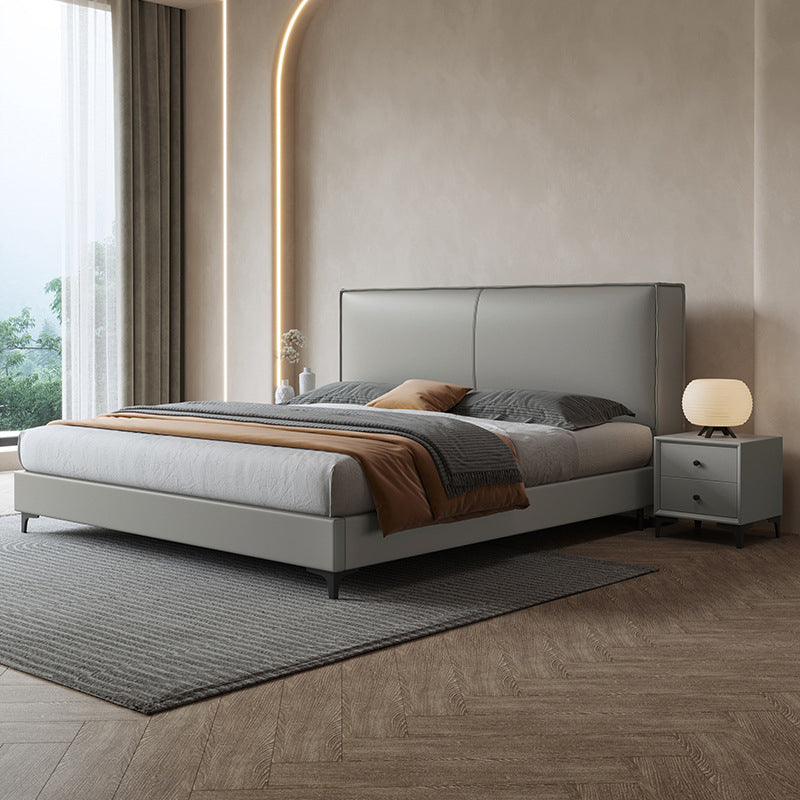 Grey Wooden Standard Bed with Rectangular Leather Panel Headboard