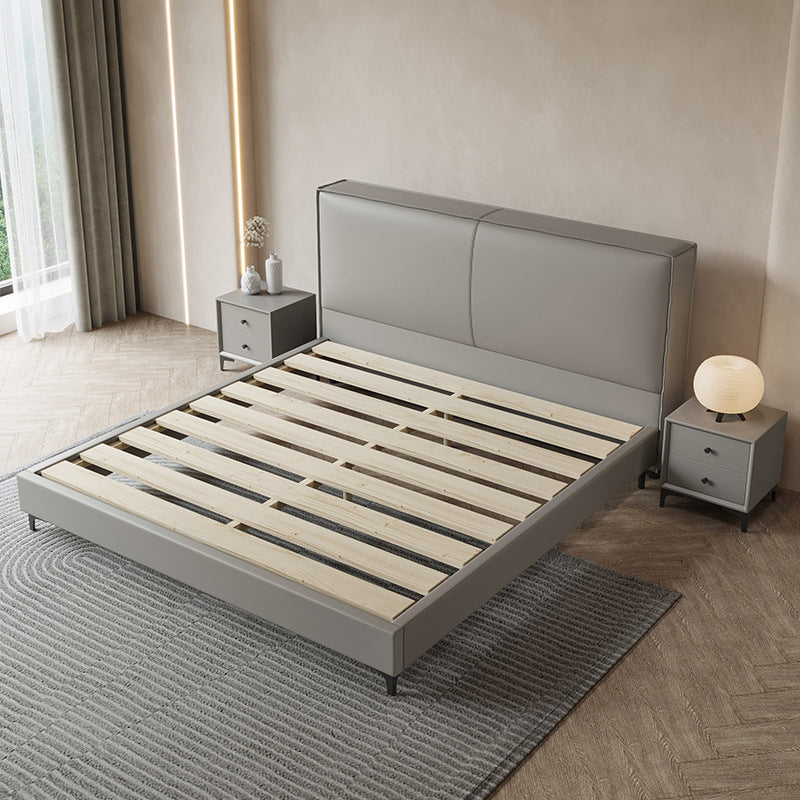 Grey Wooden Standard Bed with Rectangular Leather Panel Headboard