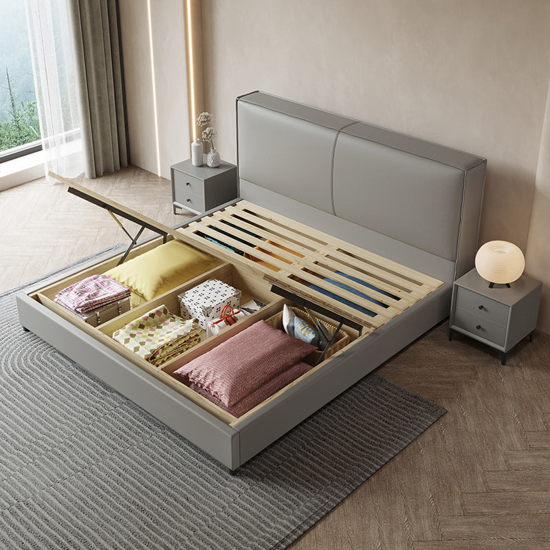 Grey Wooden Standard Bed with Rectangular Leather Panel Headboard