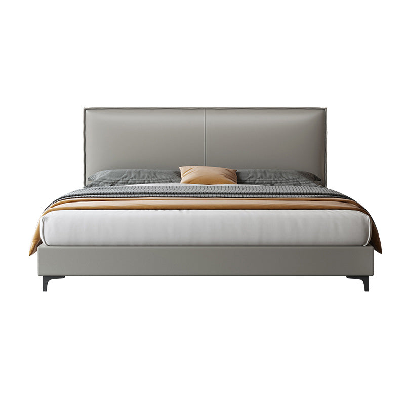 Grey Wooden Standard Bed with Rectangular Leather Panel Headboard