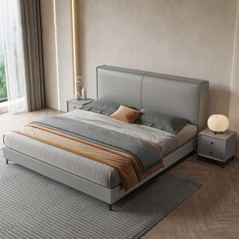 Grey Wooden Standard Bed with Rectangular Leather Panel Headboard