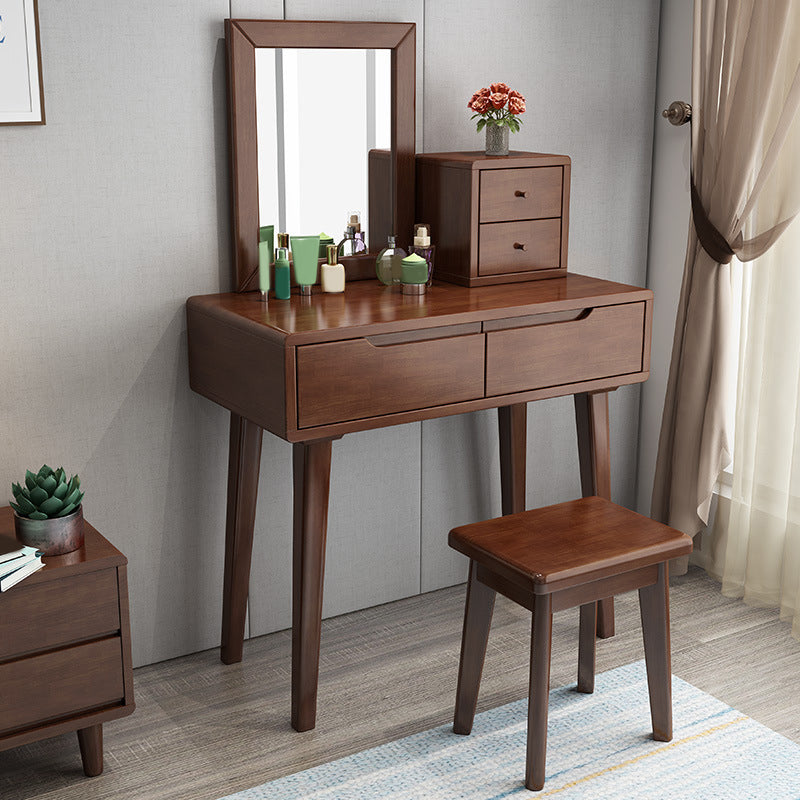 Nordic 4 Drawers Makeup Vanity Mirrored Wood Dressing Table Stool Set