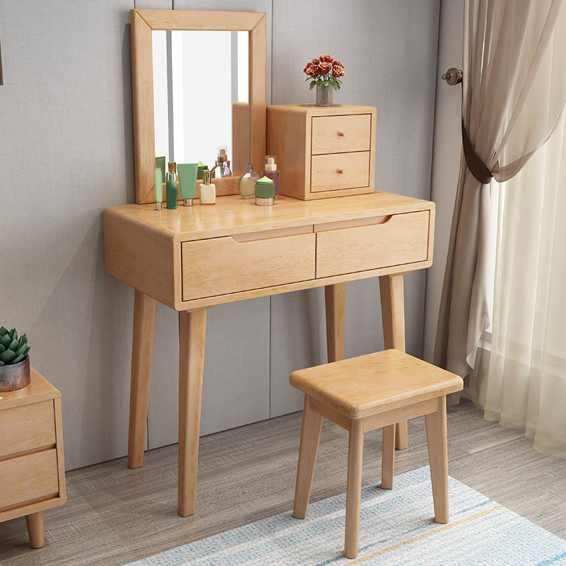 Nordic 4 Drawers Makeup Vanity Mirrored Wood Dressing Table Stool Set