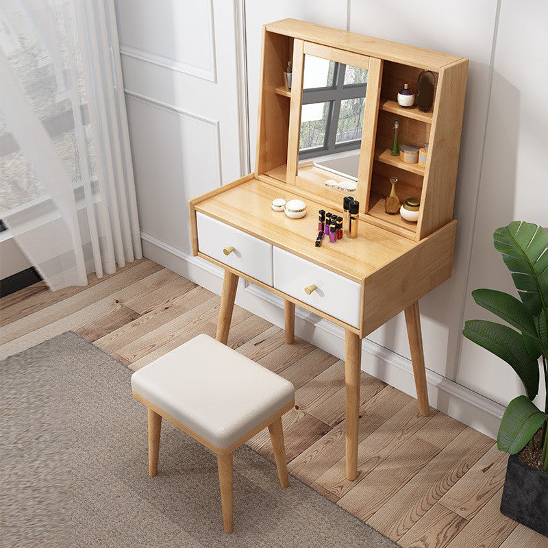 Wood Vanity and Stool 2 Drawers Mirrored Dressing Table for Bedroom