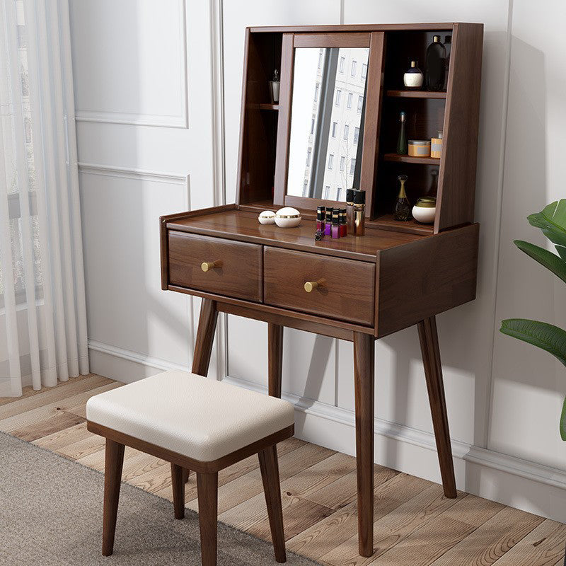 Wood Vanity and Stool 2 Drawers Mirrored Dressing Table for Bedroom