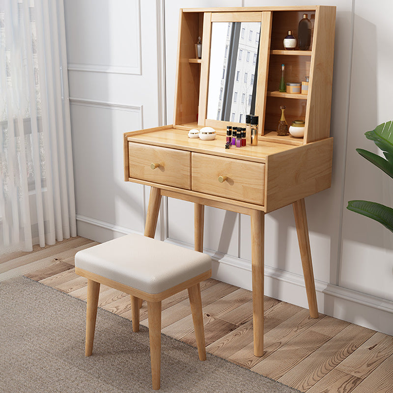 Wood Vanity and Stool 2 Drawers Mirrored Dressing Table for Bedroom
